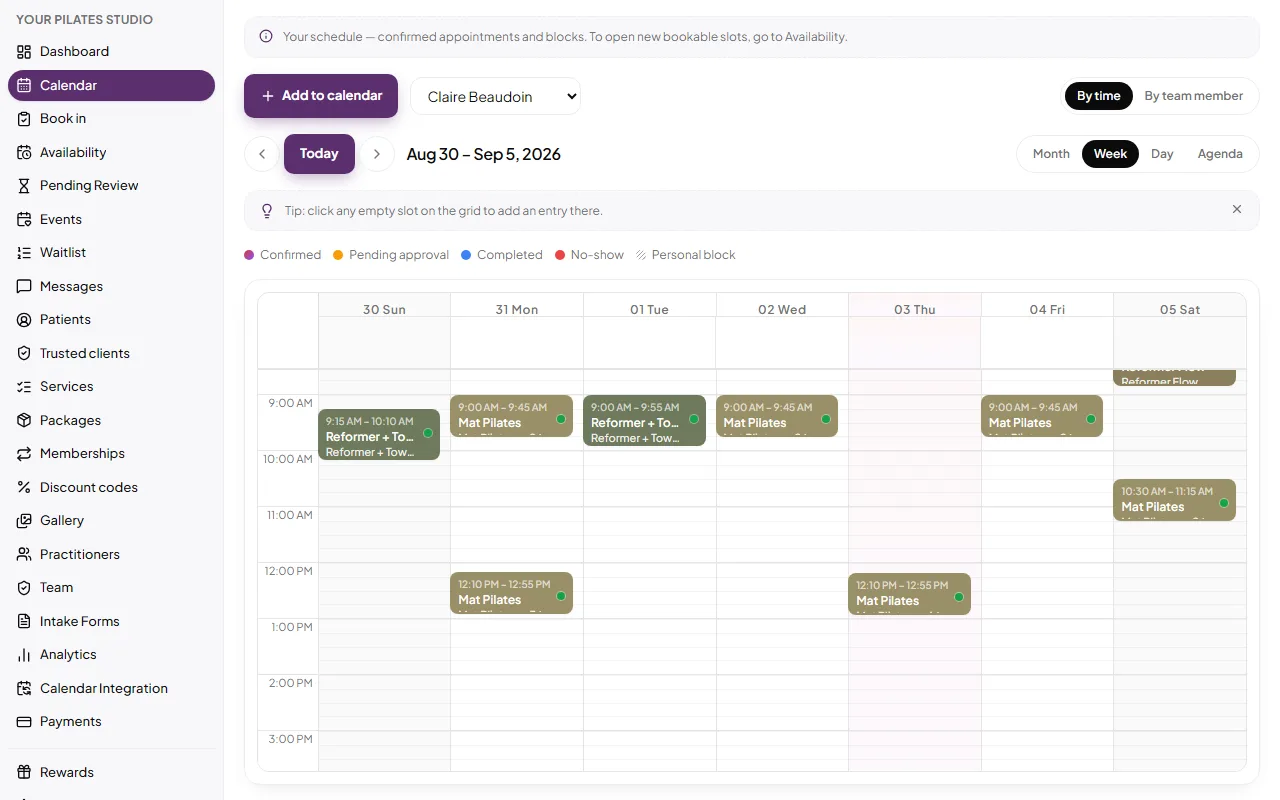 Your Pilates Studio: The calendar