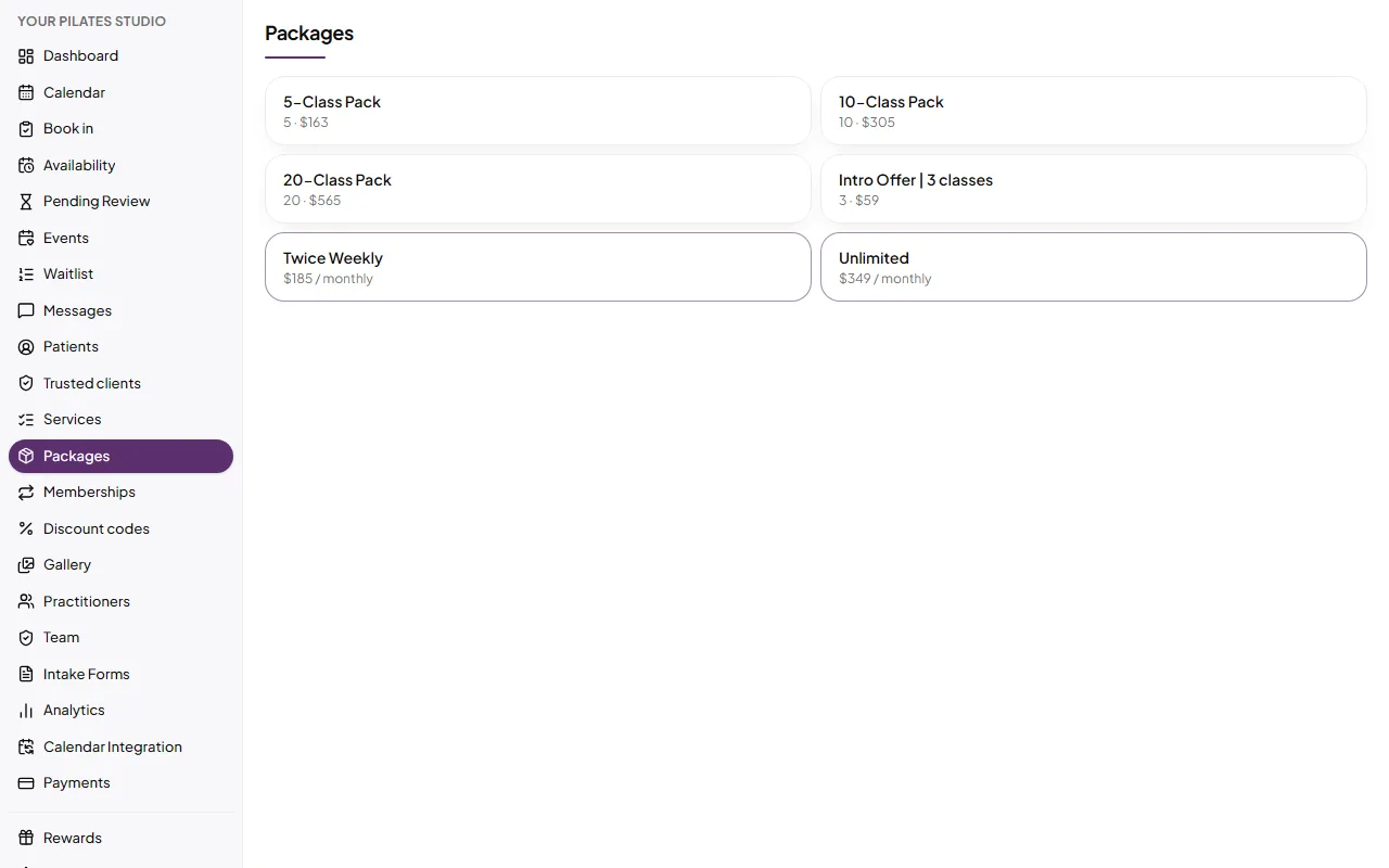 Your Pilates Studio: Packs and memberships